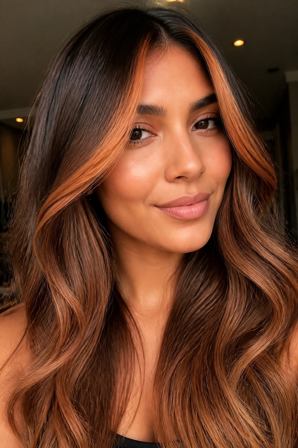 Close-up of copper-kiss face-frame highlighting the face on tan skin