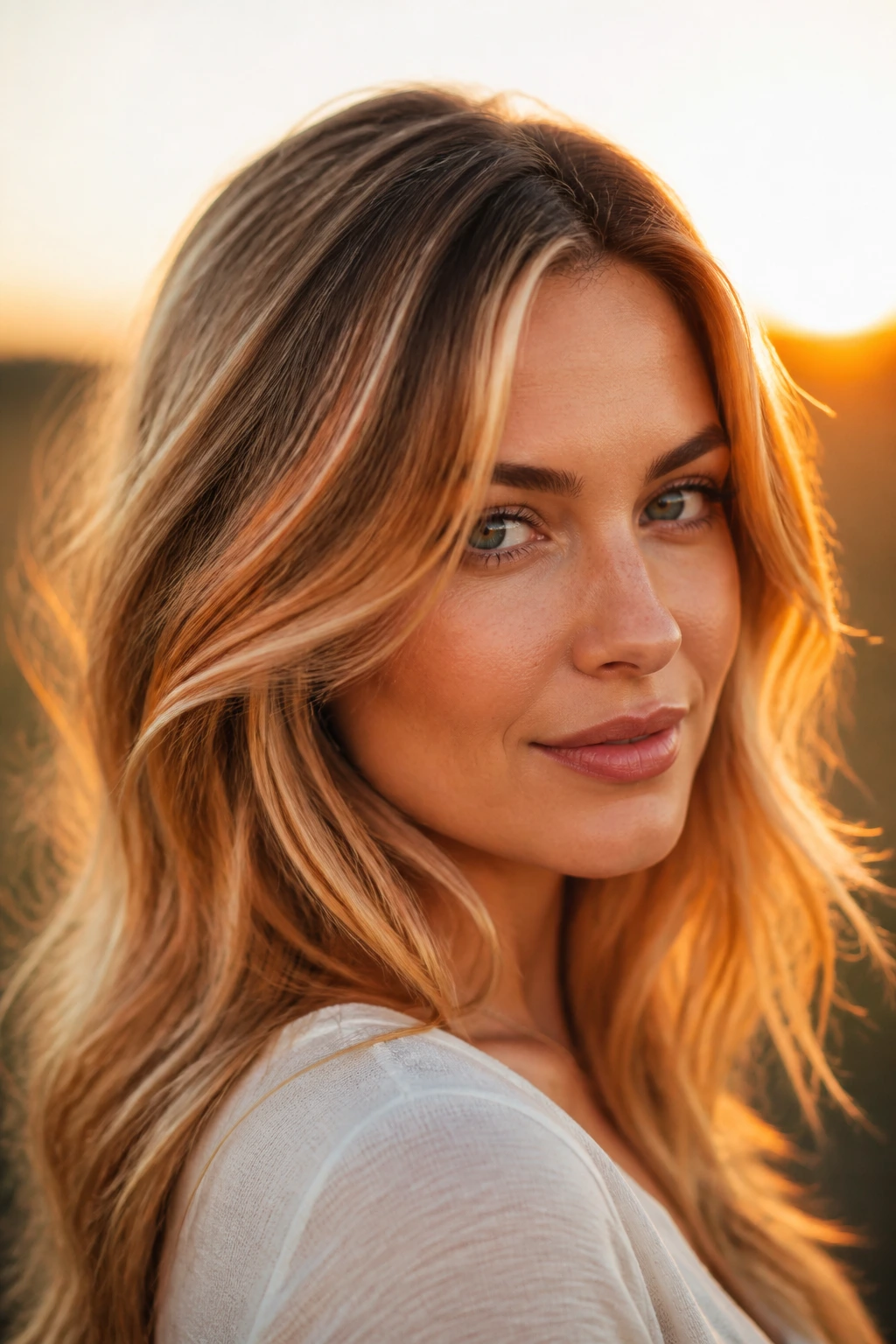 Close-up portrait of a real woman with Copper-Kissed Blonde Strands and copper-gold tones