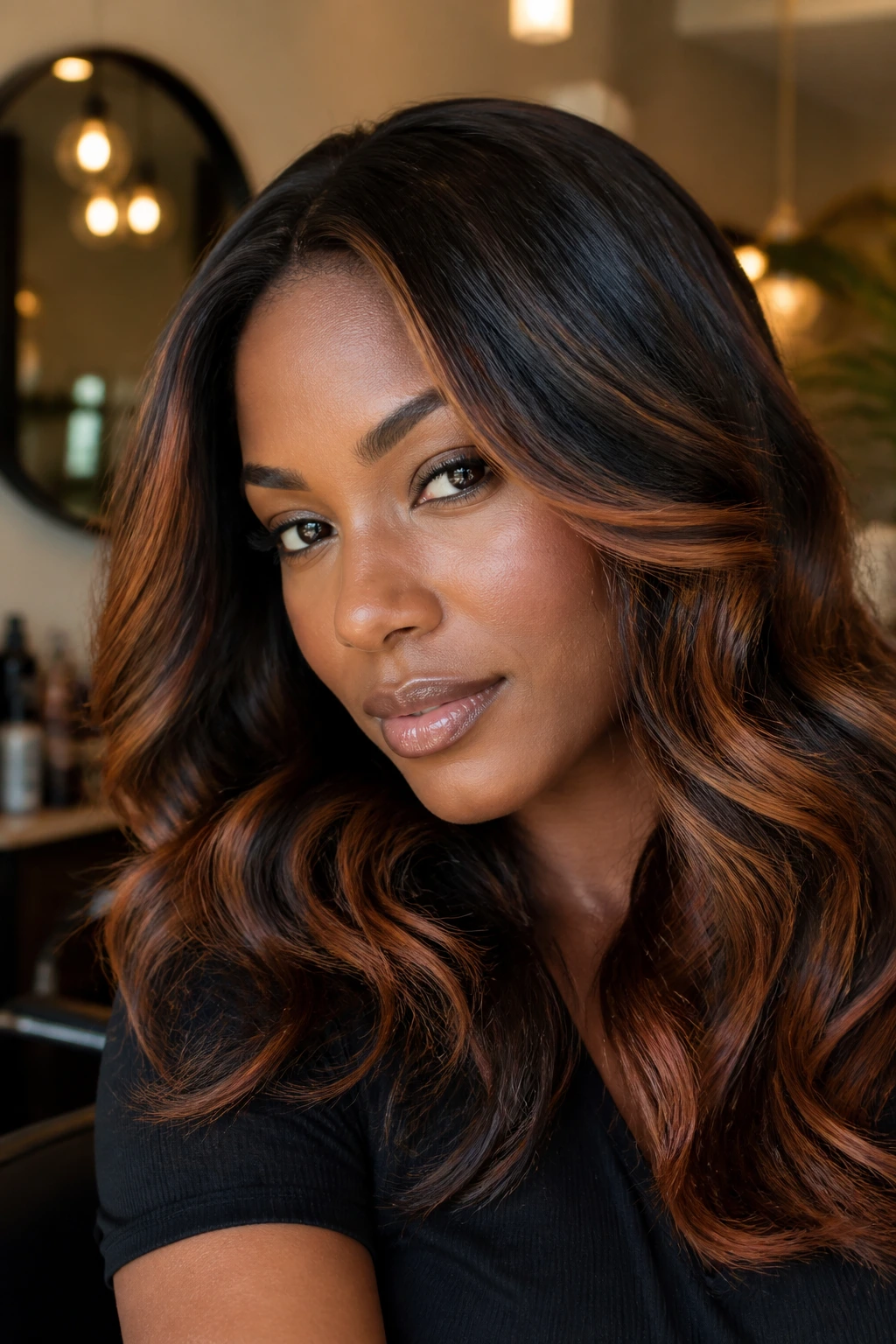 Close-up of a real woman with copper-kissed brunette hair