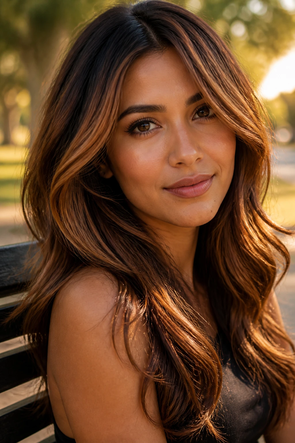 Close-up of copper-kissed caramel brown hair on a real person