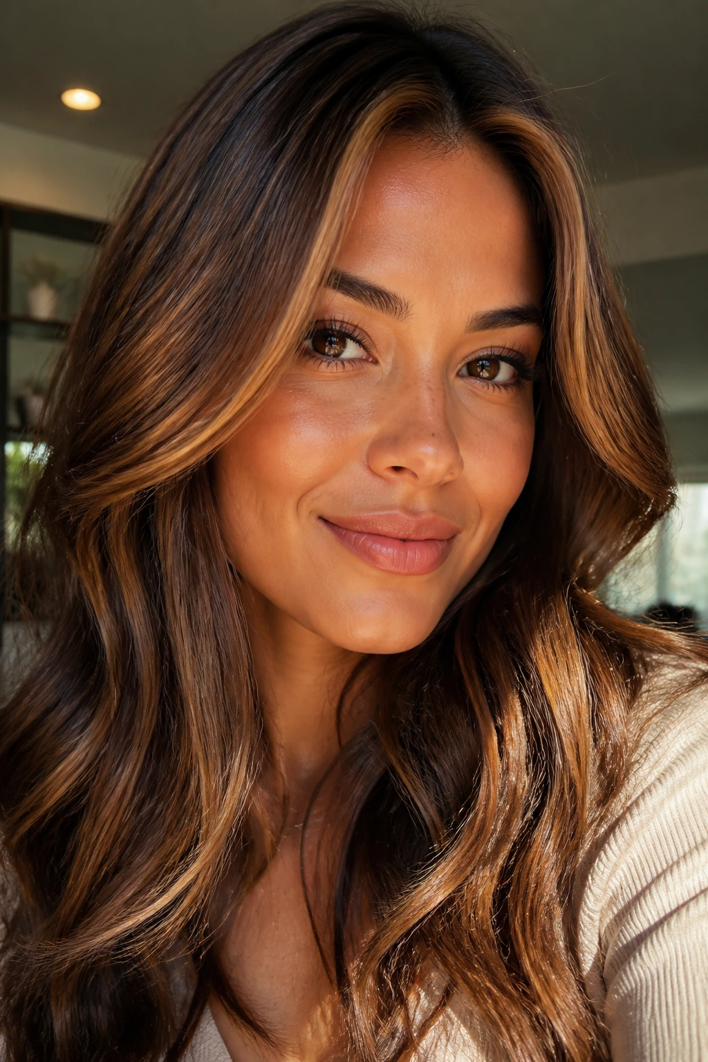 Real person with copper-kissed caramel highlights around the face.