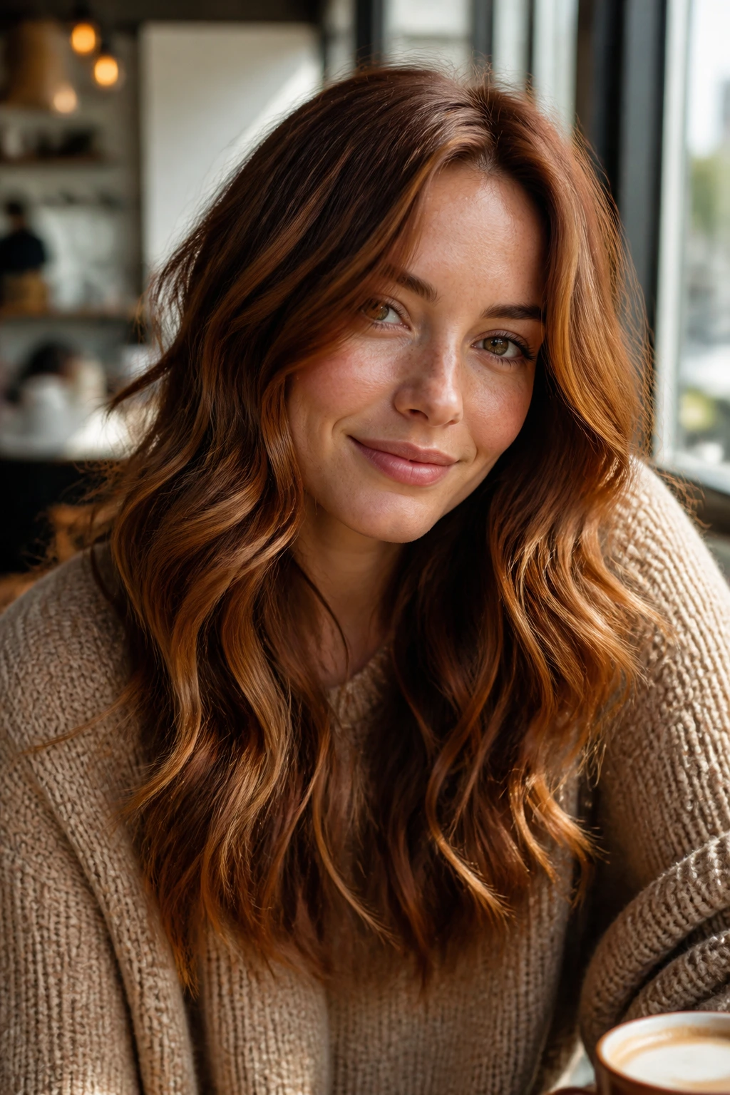 Close-up of a real woman with copper-kissed chestnut caramel hair.