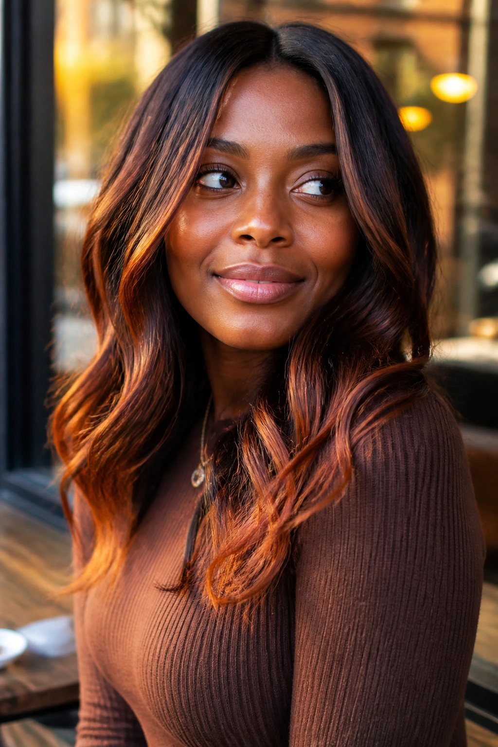 Close-up portrait of a real woman with copper-kissed ends on brunette hair, golden hour light.