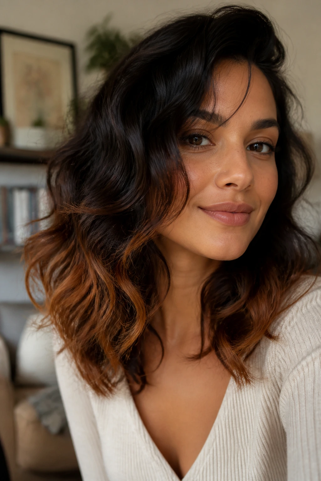 Close-up of real woman with copper-kissed ends peeking through curls in warm indoor light
