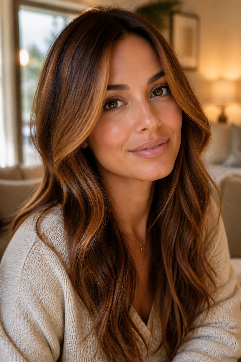 Close-up of honey brown hair with copper-kissed front highlights on a real person