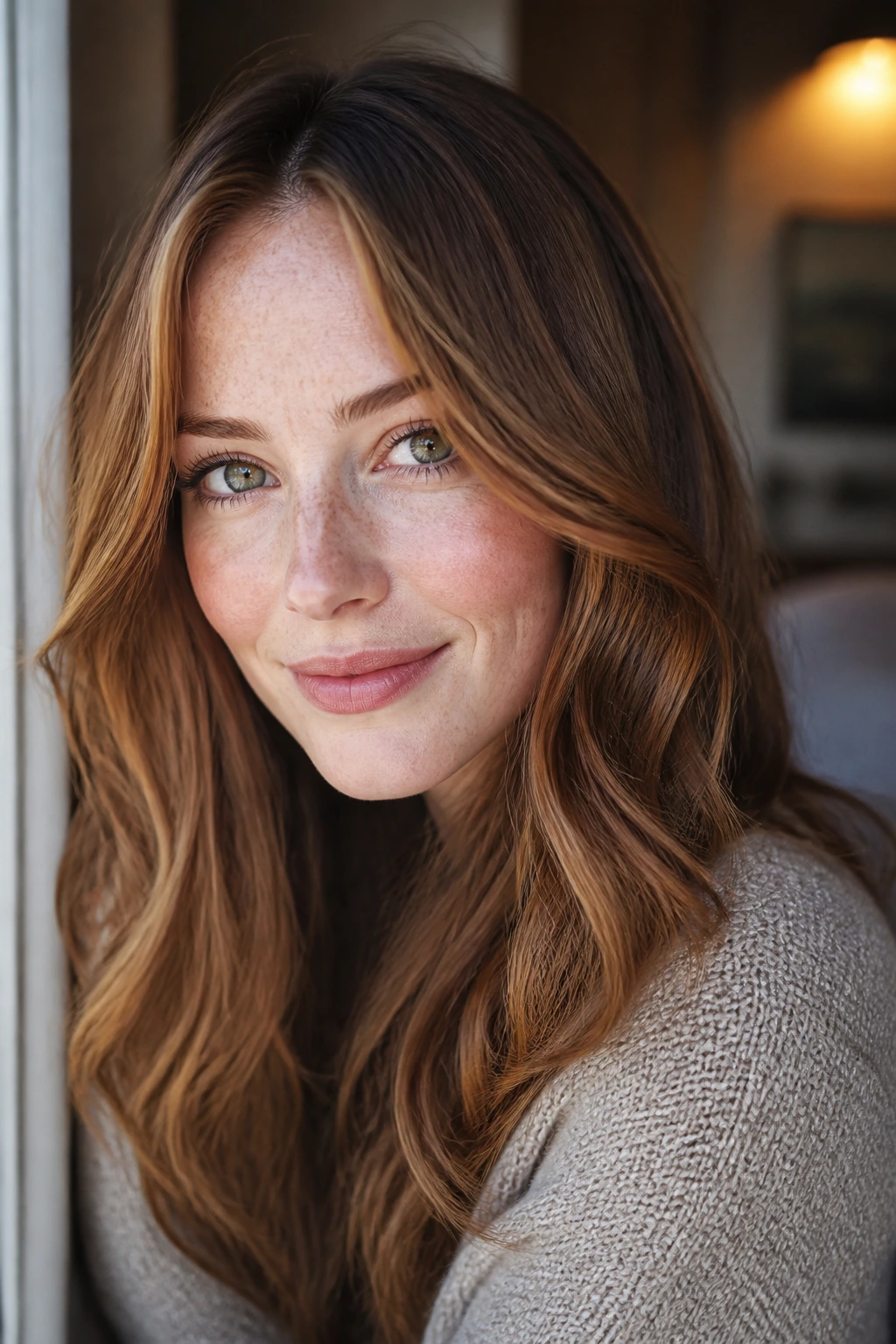 Close-up portrait of a pale-skinned woman with copper-kissed brown hair and copper-gold highlights around the face