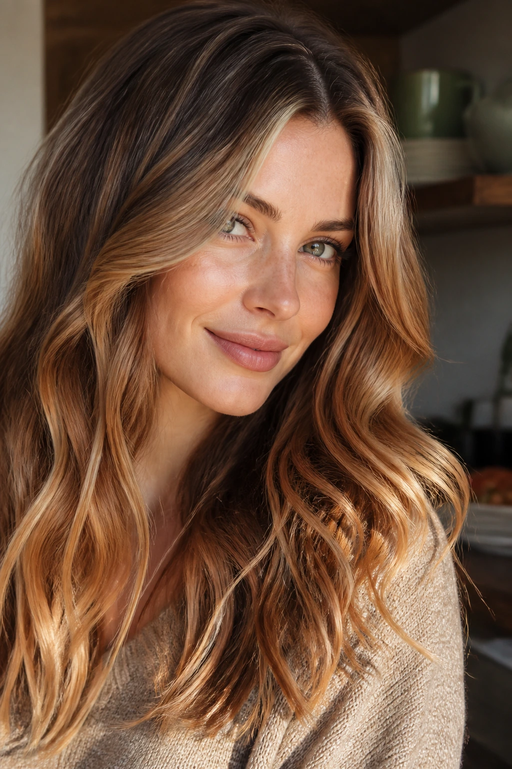 Close-up of a fair-skinned woman with copper-kissed honey lights in hair