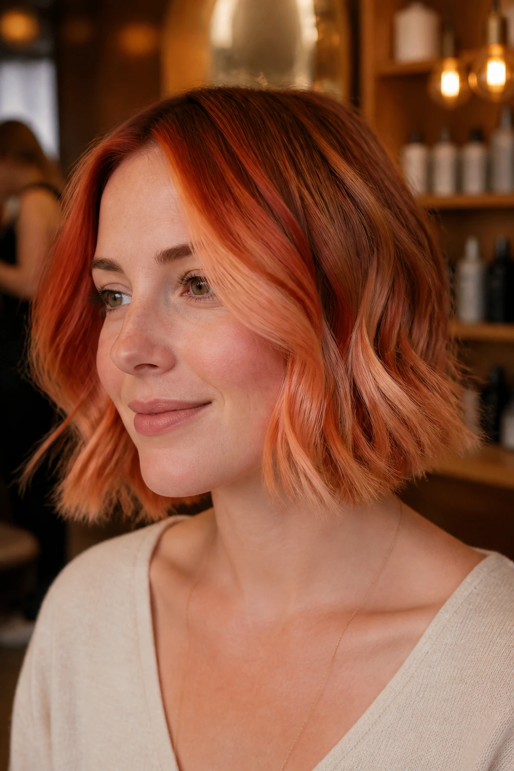 Real woman with copper-kissed bob and peach highlights.