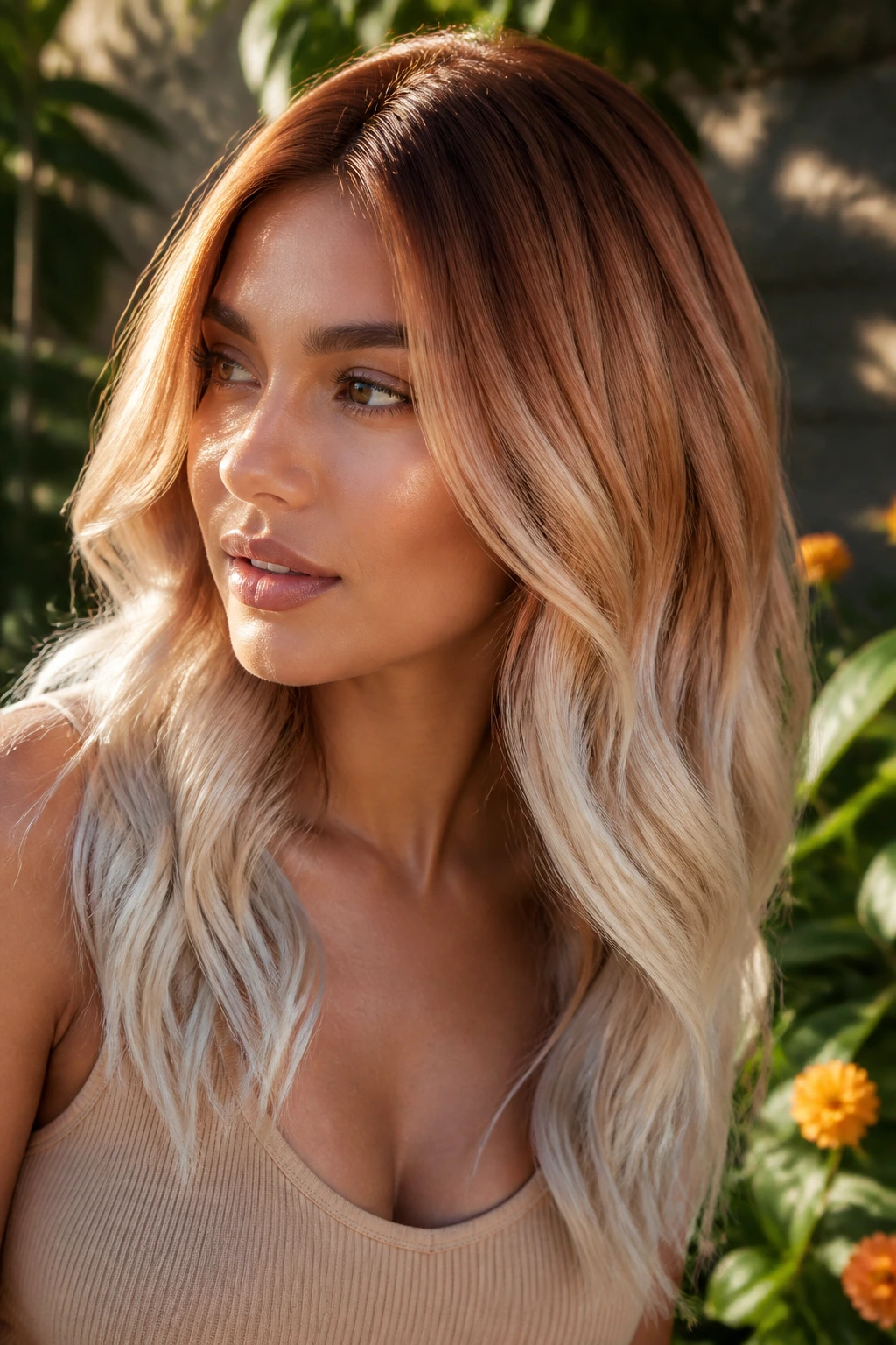 Copper-rooted platinum ends on warm skin in a close portrait