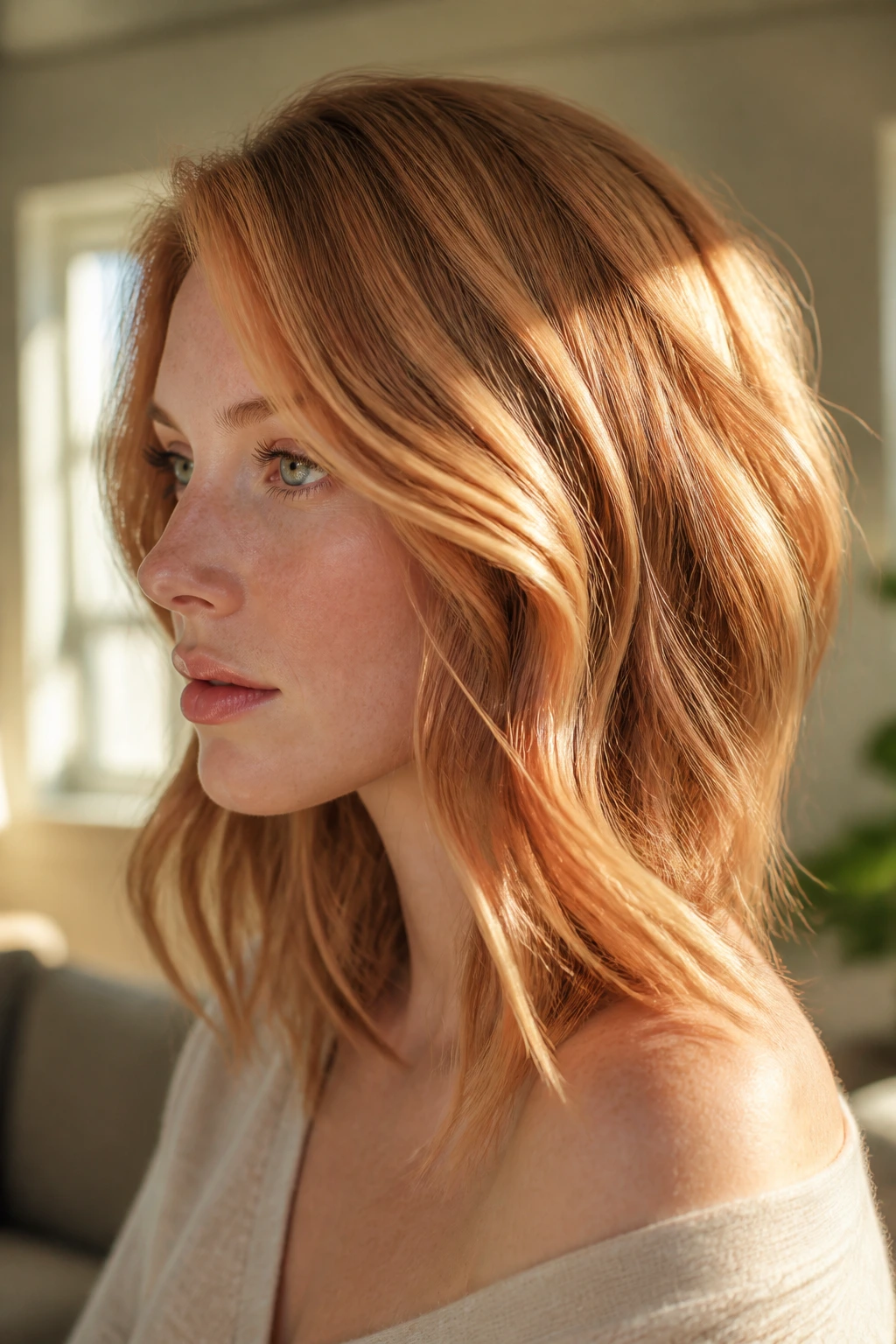 Side-profile of a real woman with copper-kissed strawberry balayage