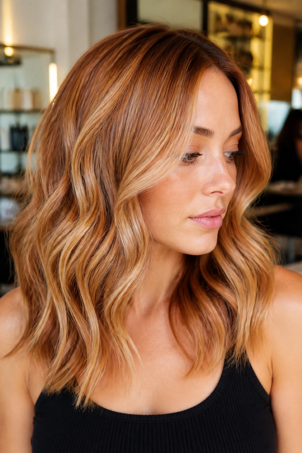 Portrait of a woman with copper-kissed strawberry blonde balayage ribbons.