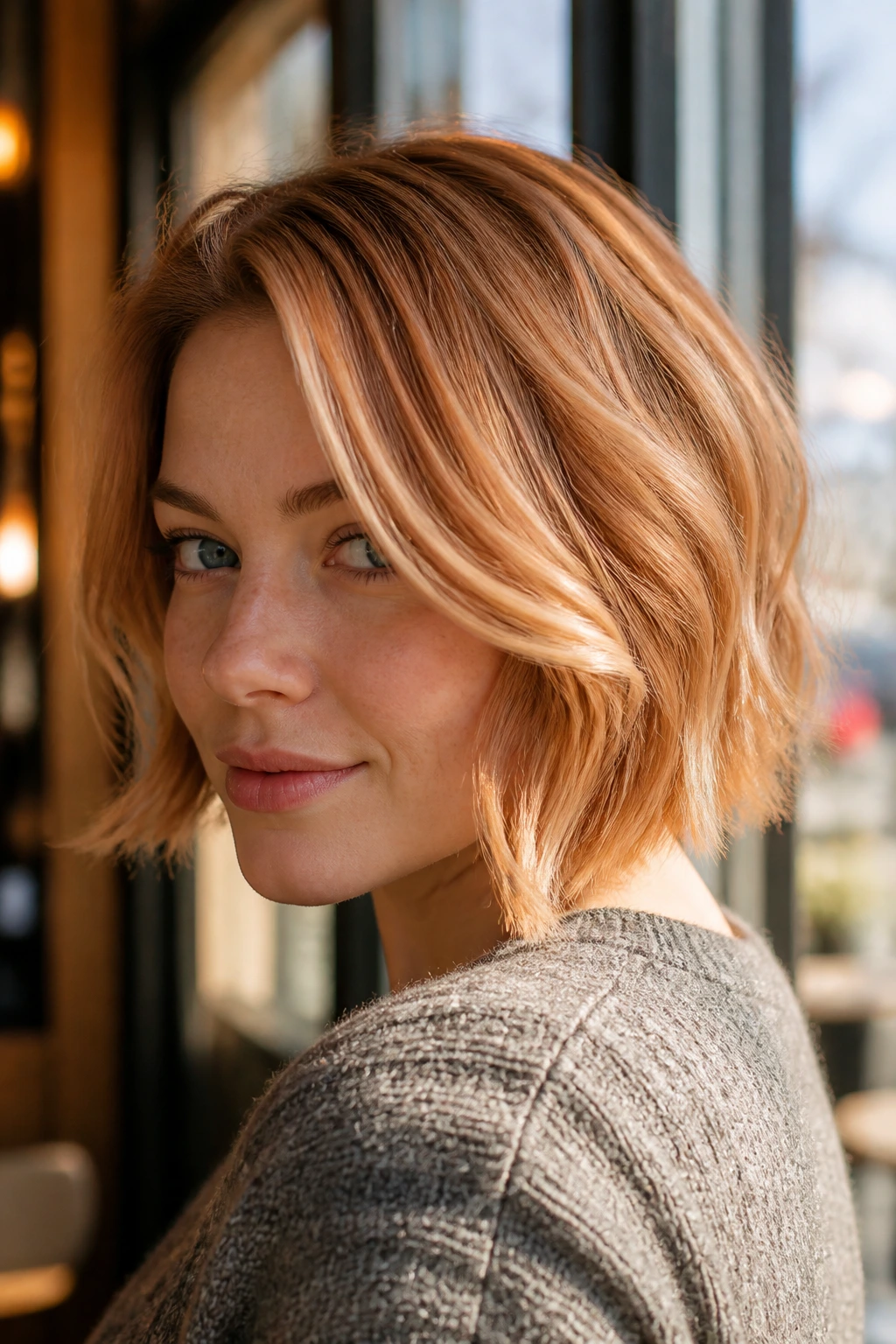 Real person with copper-kissed strawberry blonde bob