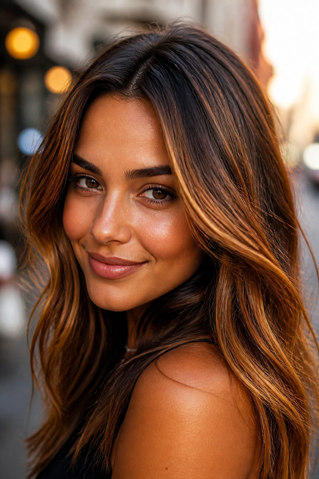 Portrait of a real woman with copper-kissed toffee glaze on brunette hair