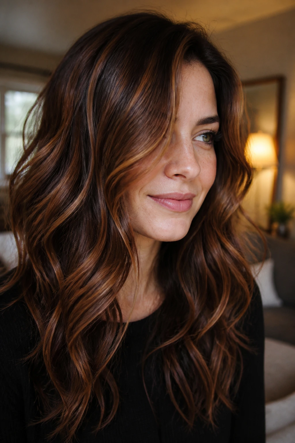 Close-up of real person with chocolate base hair and copper ribbon accents