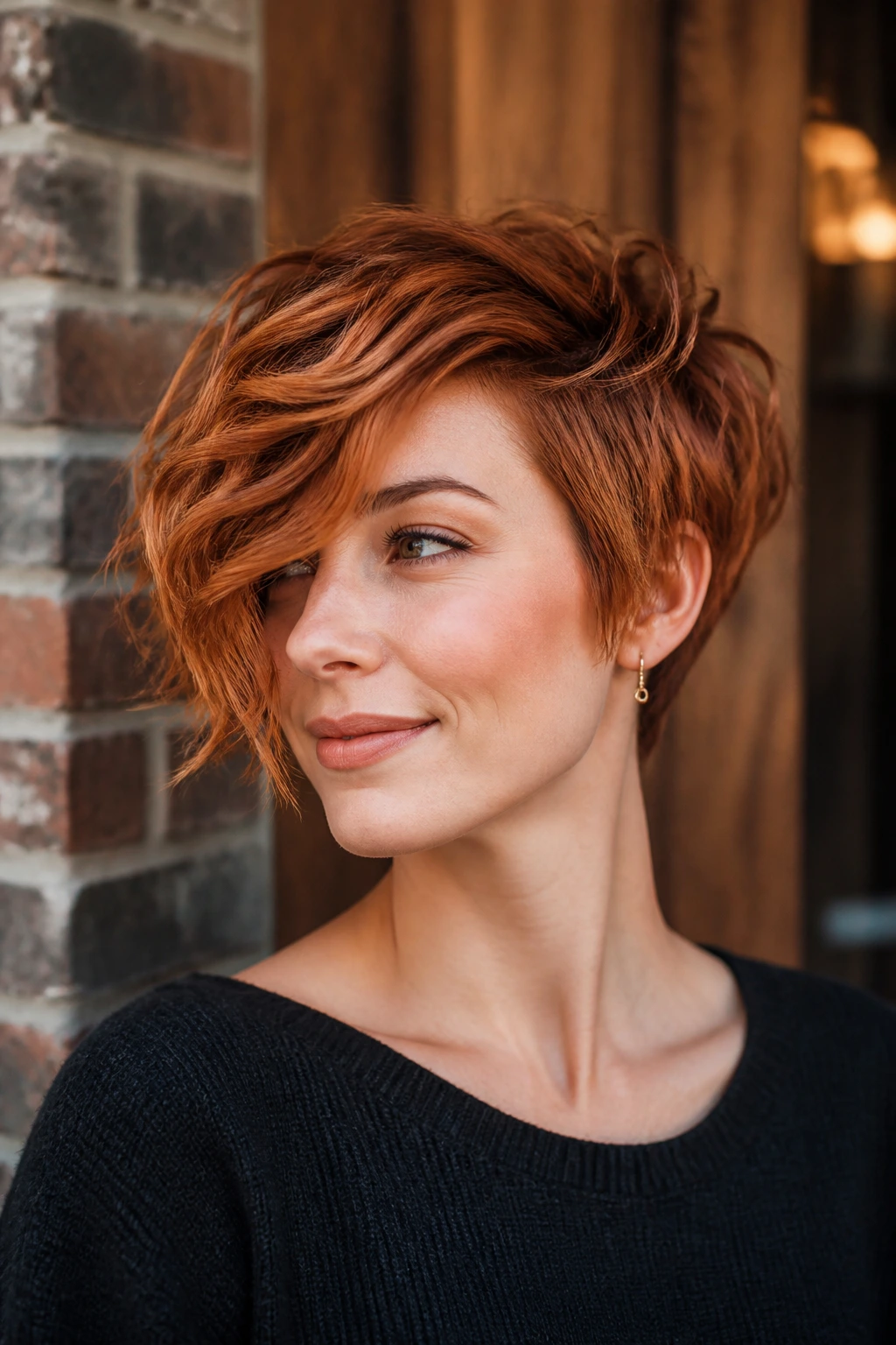 Real person with copper layered pixie bob against warm urban backdrop