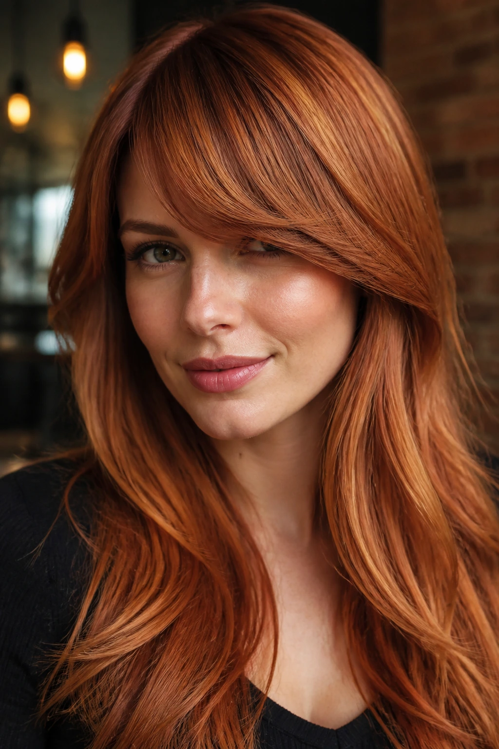 Close-up of copper hair with brow-skimming sweep on a real person