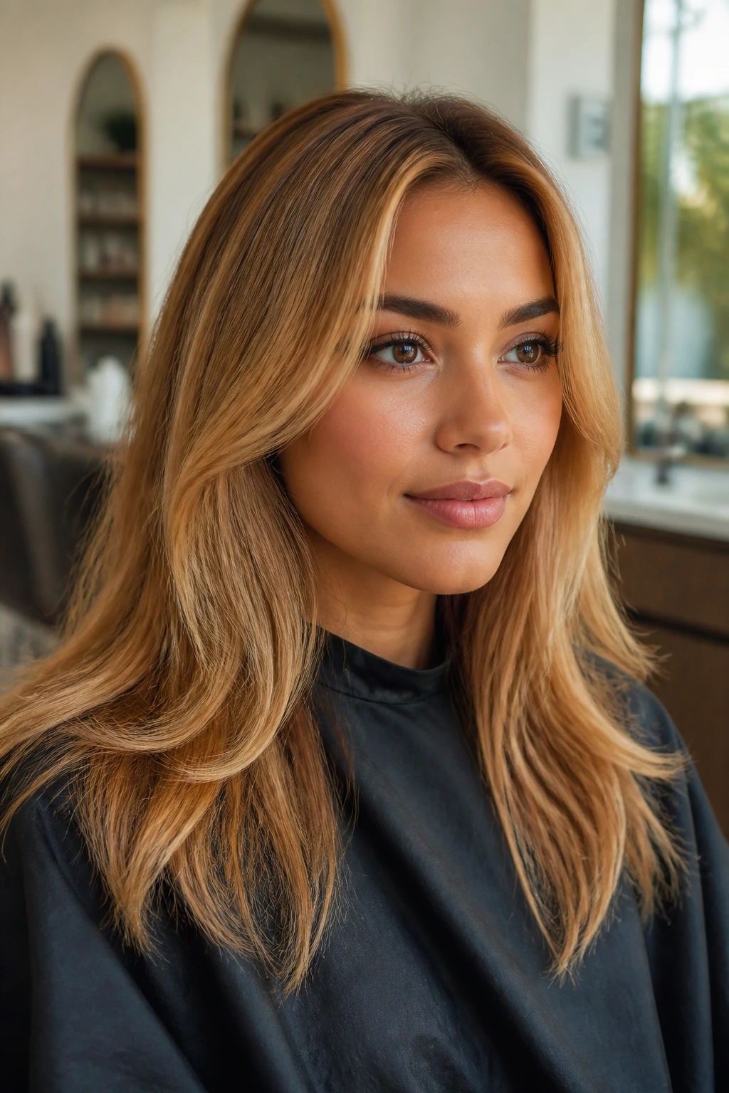 Portrait of a client in a salon chair with copper-blonde hair during color consultation