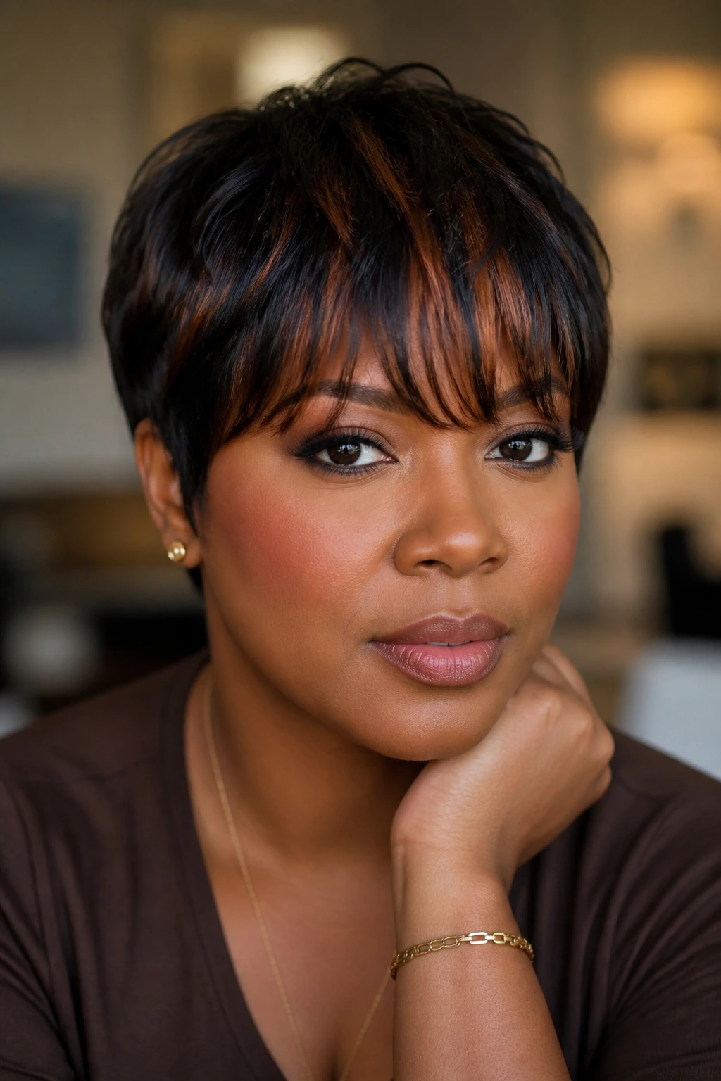 Real woman with copper lowlights in weave bangs
