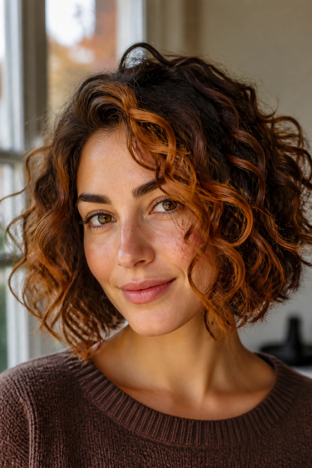 Close-up of copper maple curly bob on brunette base.
