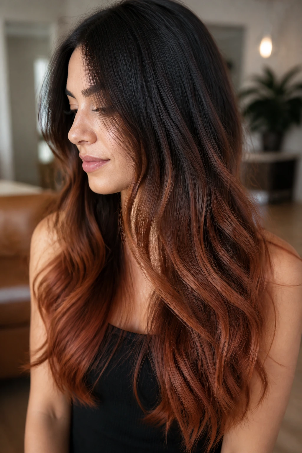 Close-up of long dark hair with copper maple ombre from roots to ends