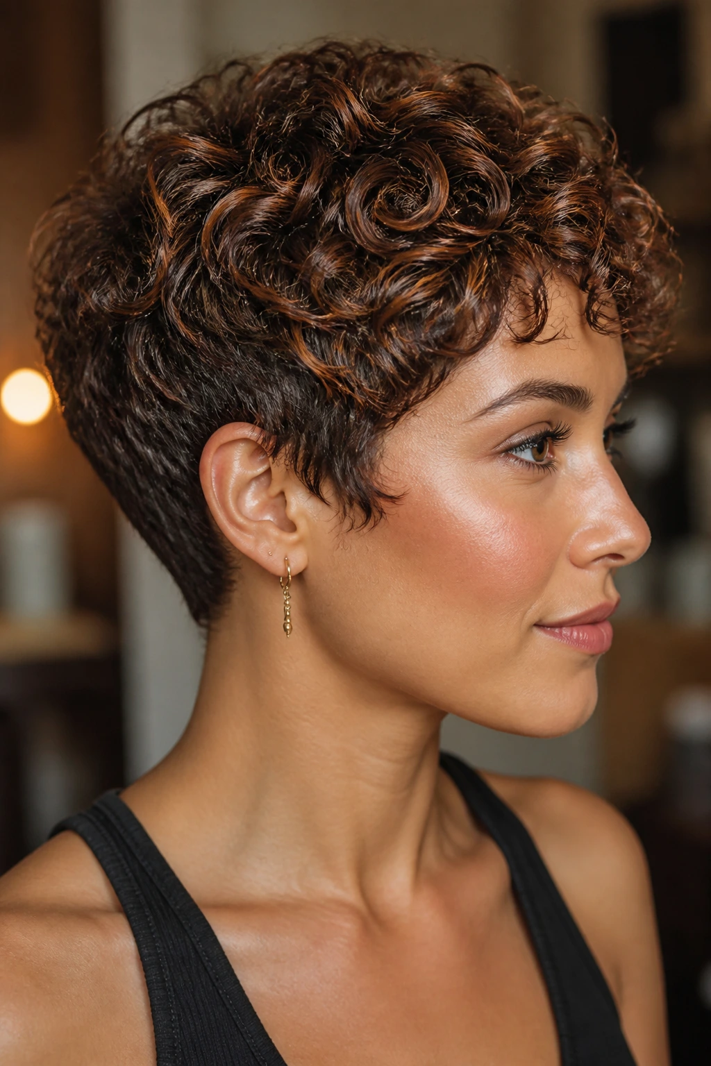Close-up of a woman with copper micro-light strands in short curly hair