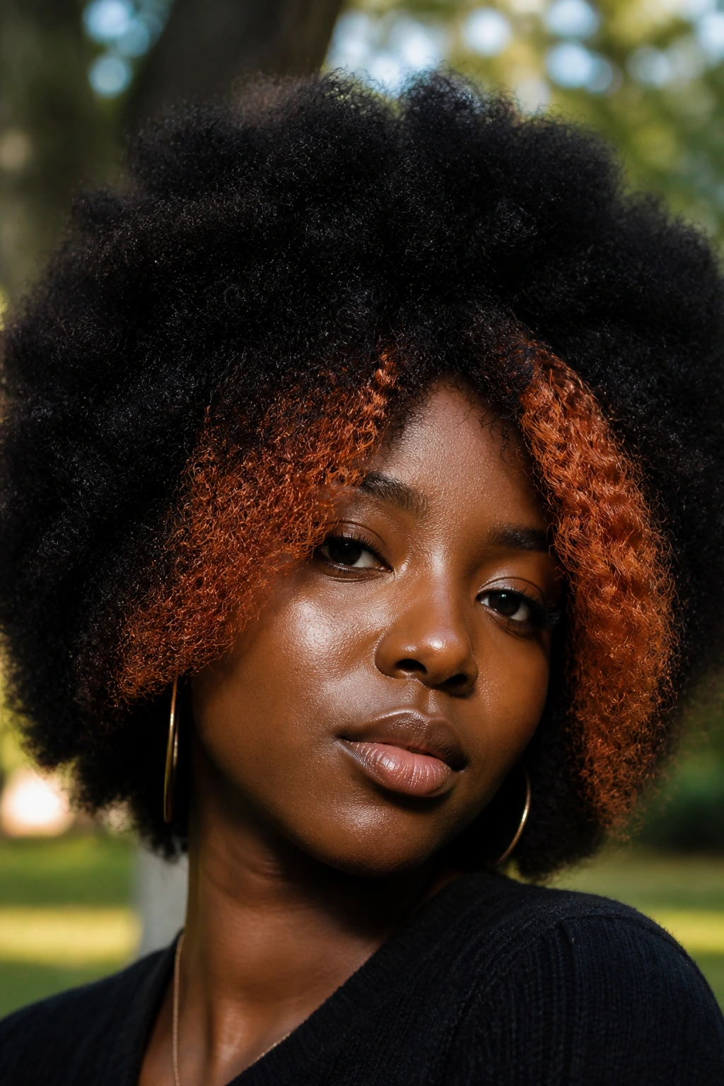 Copper money piece Afro with copper framing on a real person's face