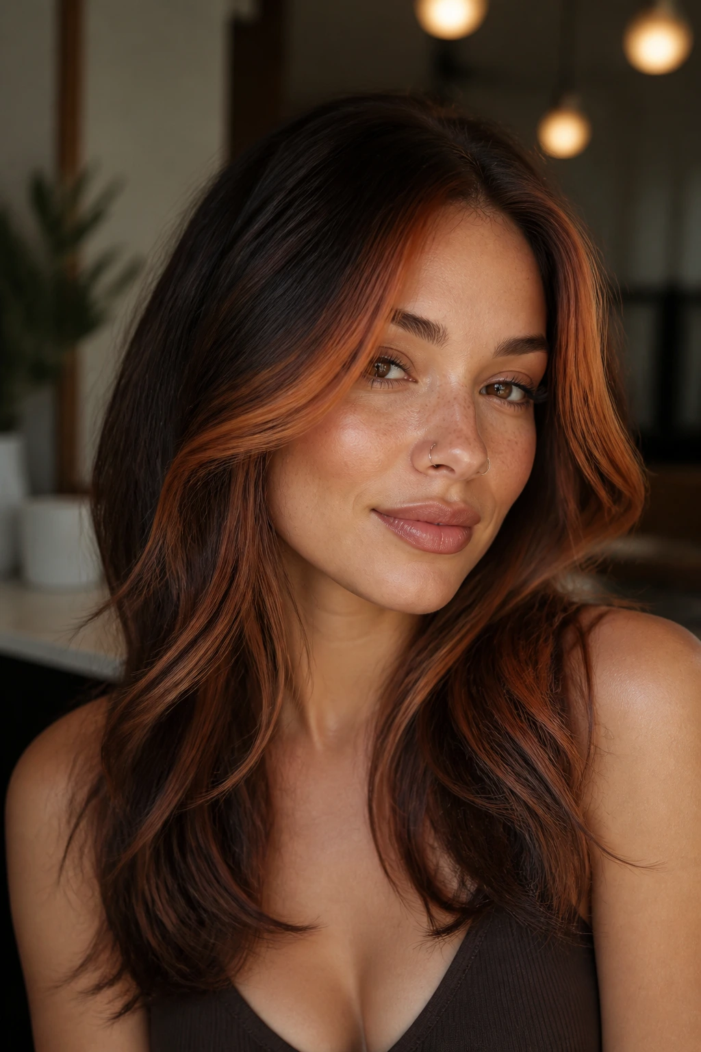 Close-up of brunette hair with a copper money piece framing the face.