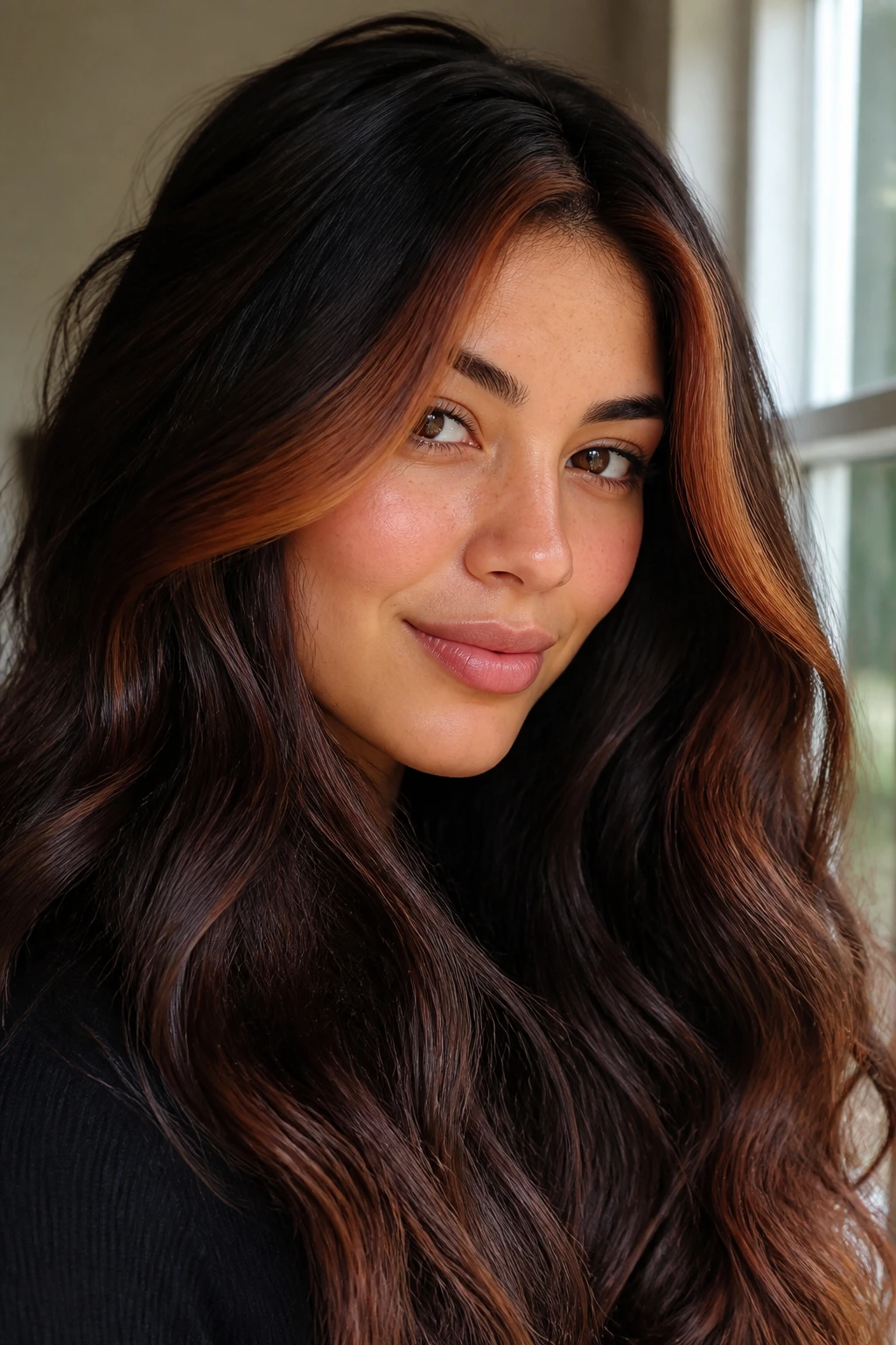 Close-up of brunette hair with copper face-framing money piece for warmth.