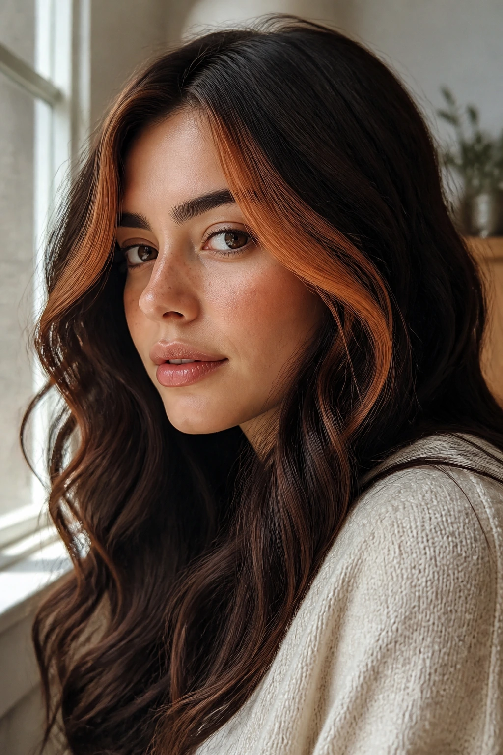 Real-person portrait showing a copper face-framing highlight on deep brunette waves