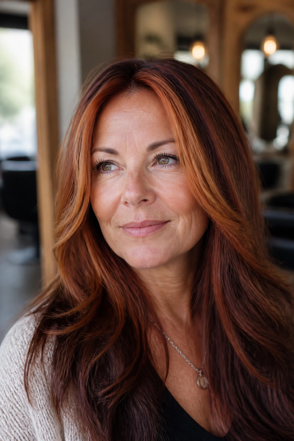 Close-up portrait of a real woman with copper money piece hairstyle and deep-rooted strawberry blonde hair