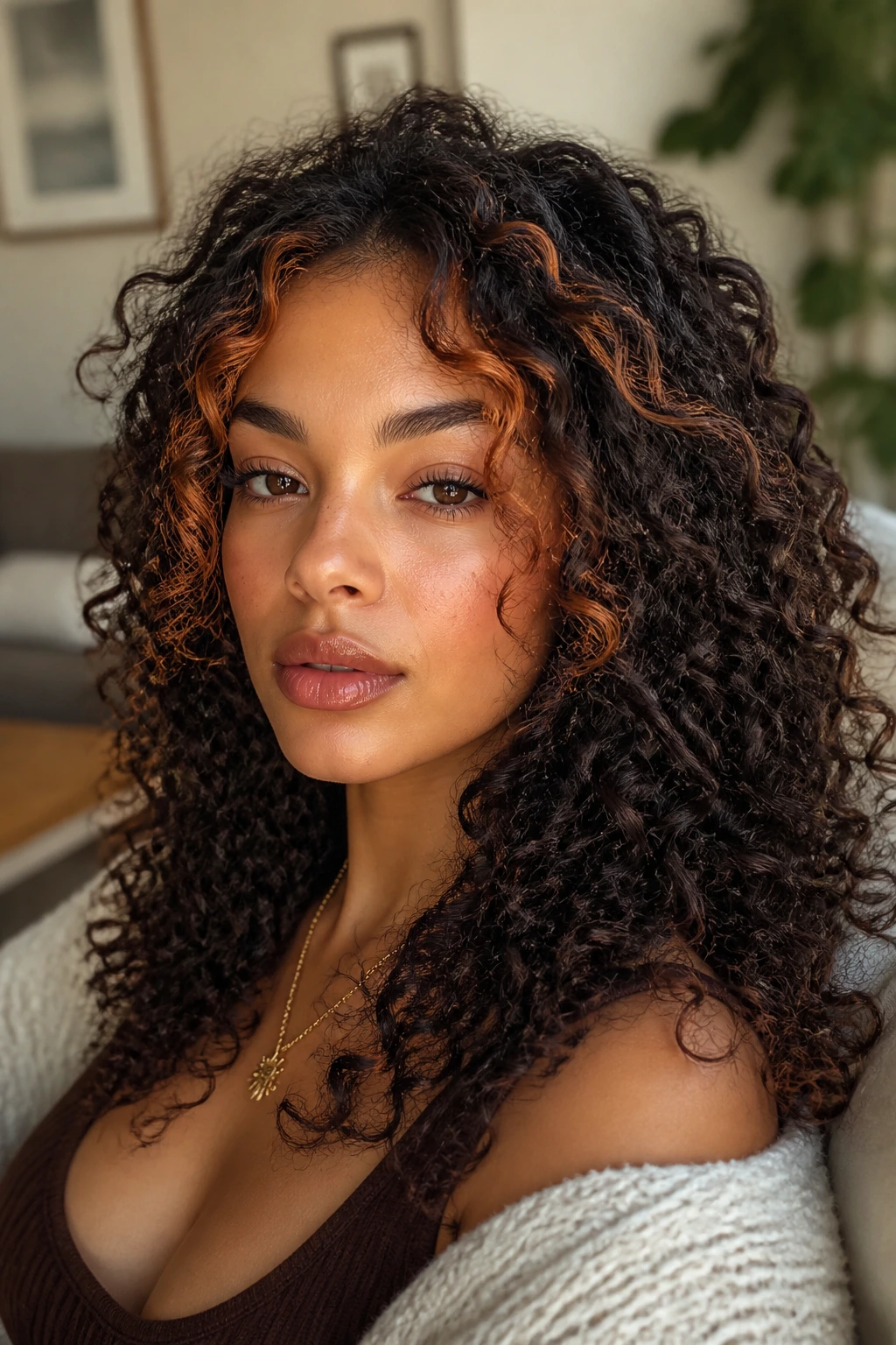 Close-up of a dark curly hairstyle with copper money pieces framing the face at the temples.