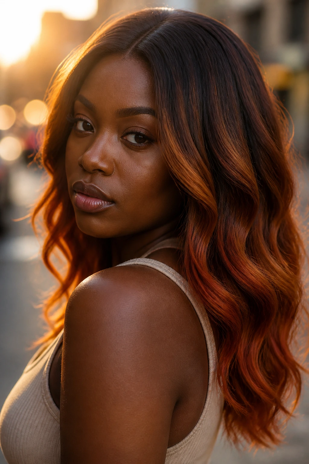 Close-up portrait of a real person with copper ombré hair fading from root to copper ends