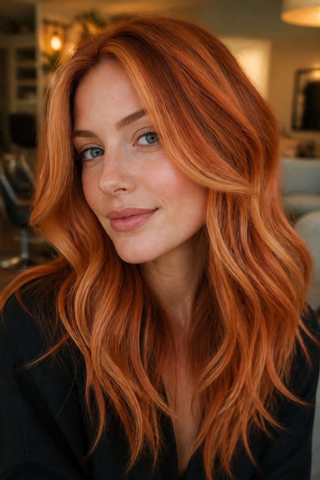 Real woman with copper ribbon lights in papaya hair