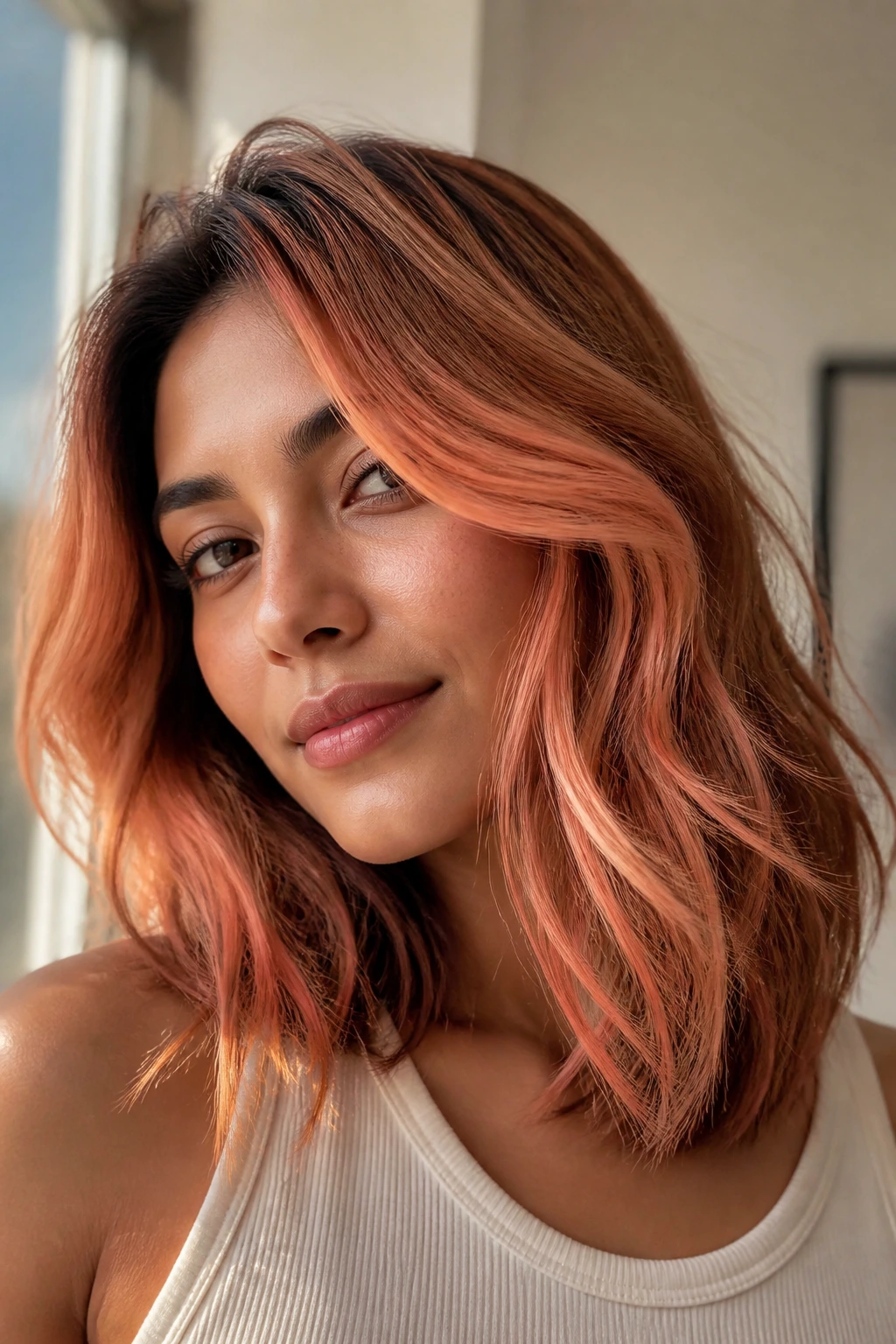 Portrait of a person with copper peach balayage around the face