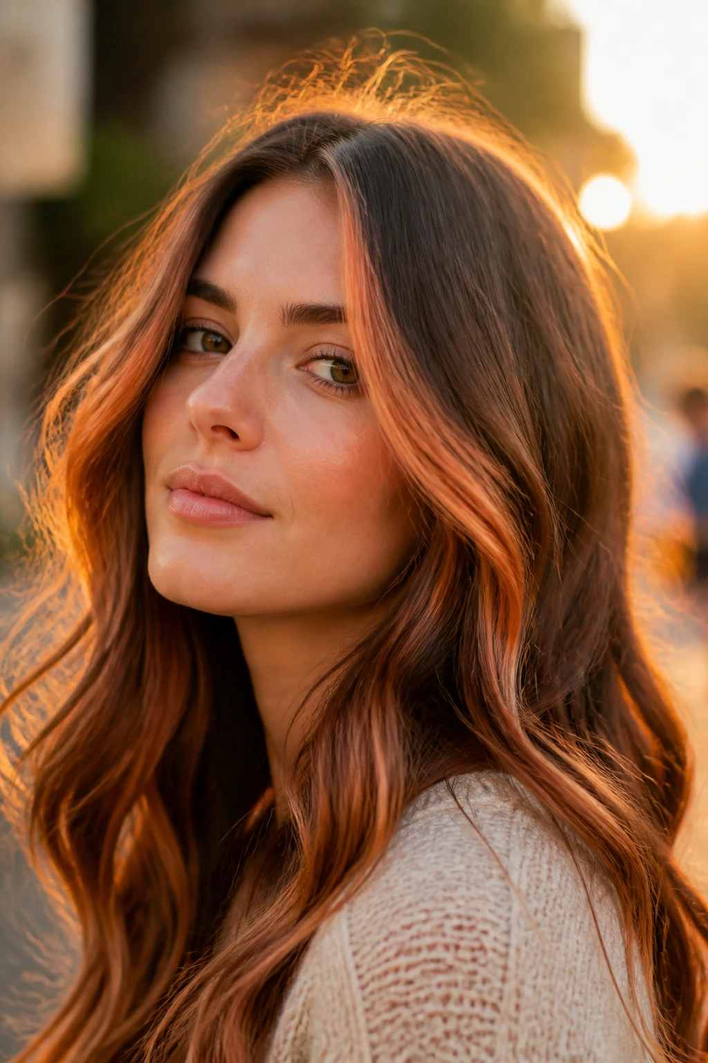 Brunette with copper-peach strawberry blonde accents catching sunset light.