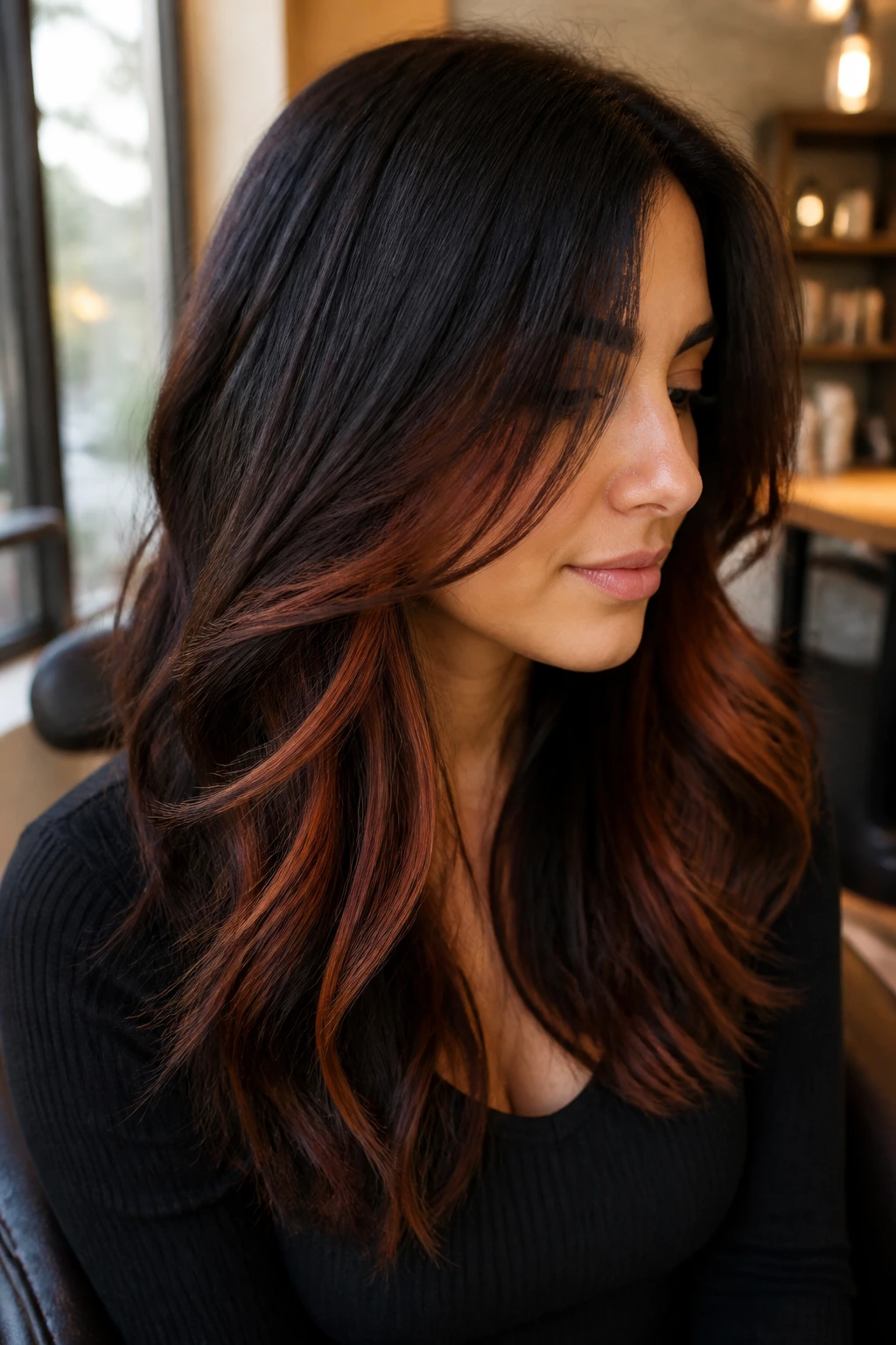 Close-up portrait of a real woman with copper peekaboo panels beneath dark layered brunette hair
