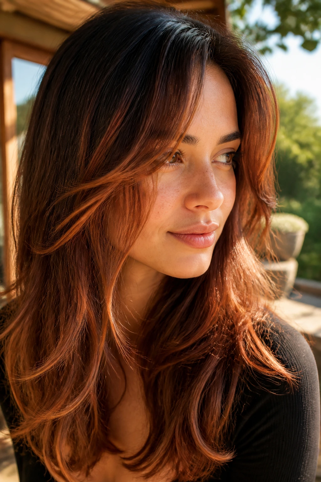 Close-up of a real woman with Copper Penny Brown hair and copper ribbons.