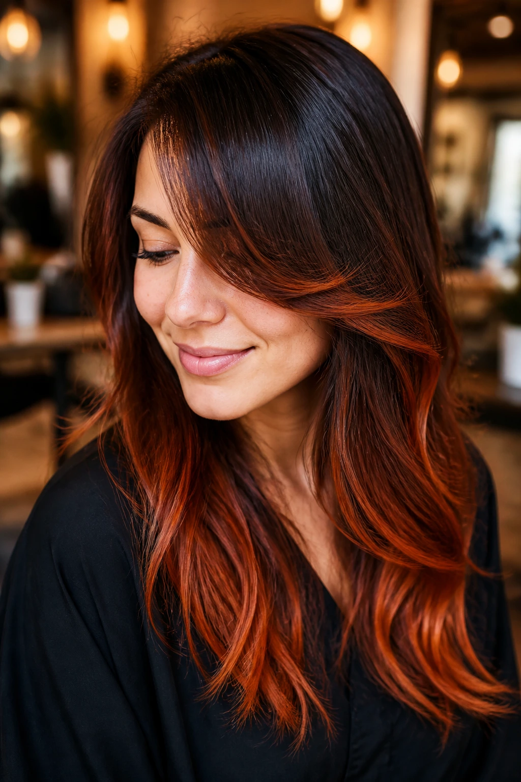 Close-up of brunette with copper penny ends on ends and bangs in warm light