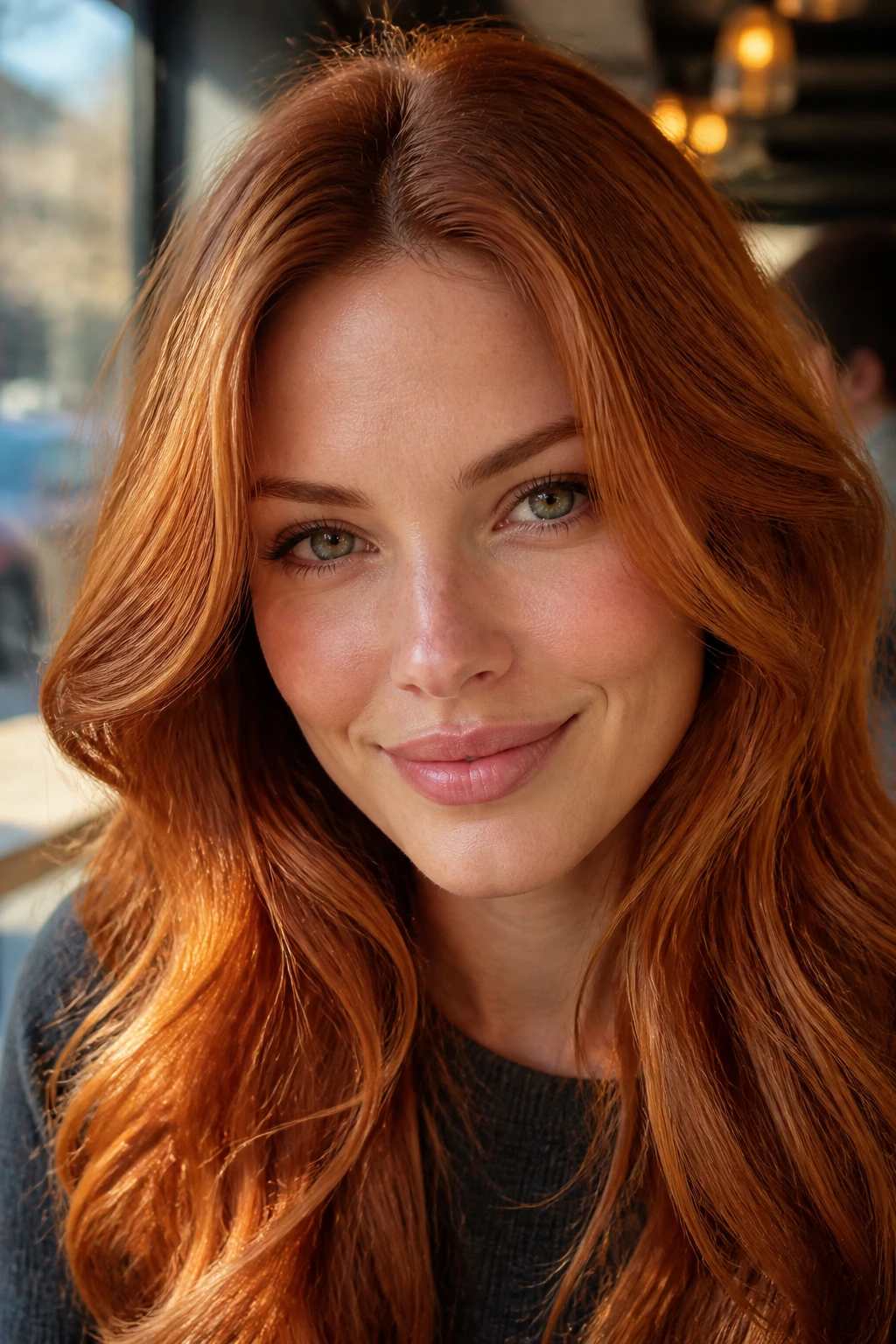 Close-up of a real woman with copper penny hair in warm cafe light