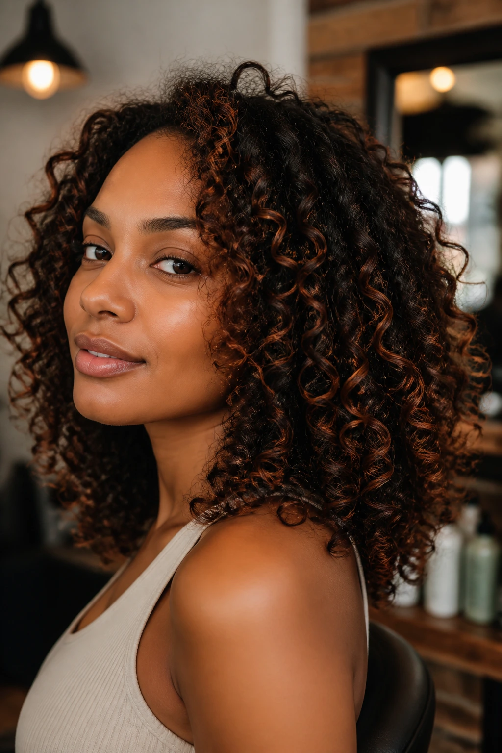 Deep skin model with copper penny thread highlights on curled hair