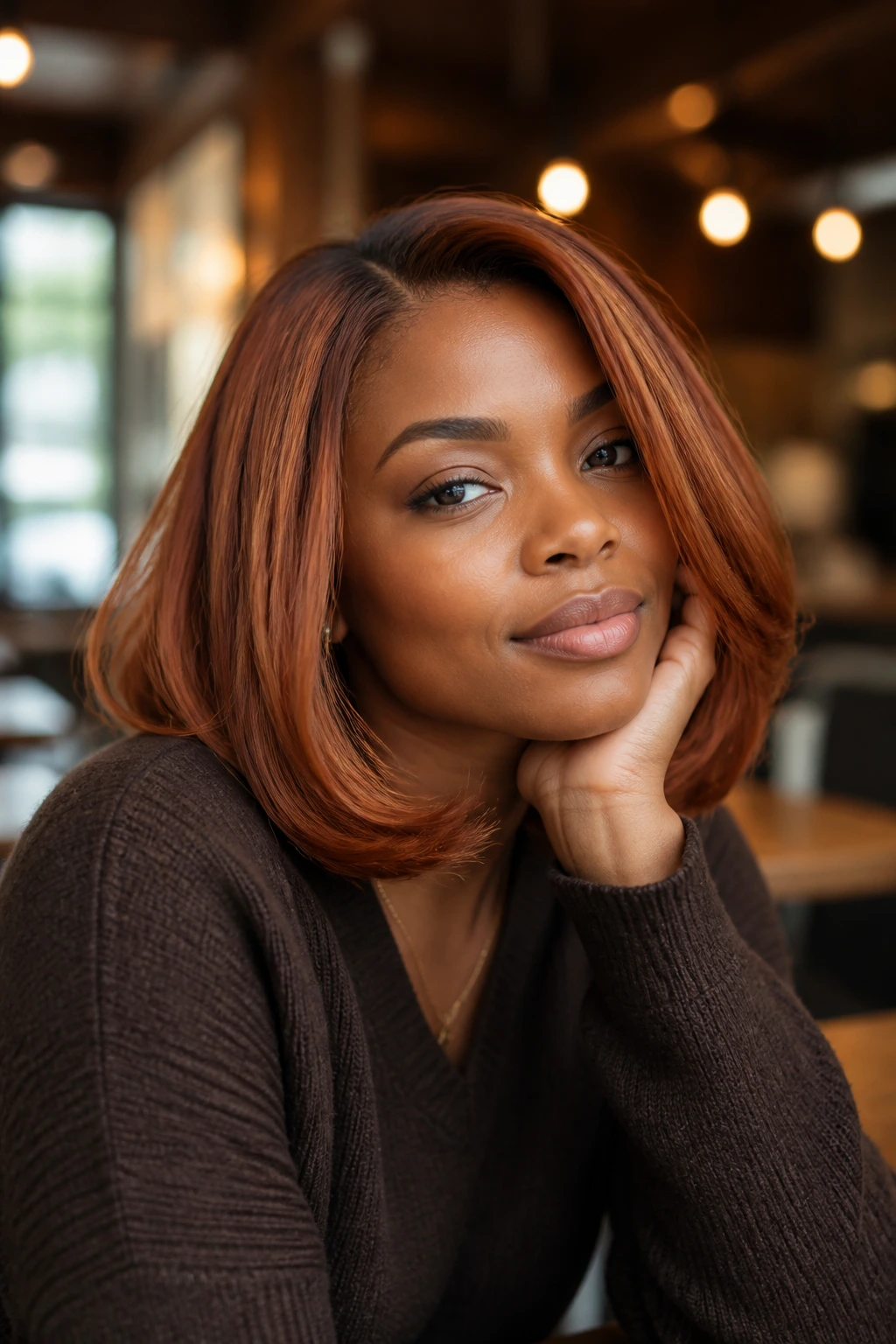 Close-up portrait of a woman with copper penny lob and soft waves in warm cafe light.