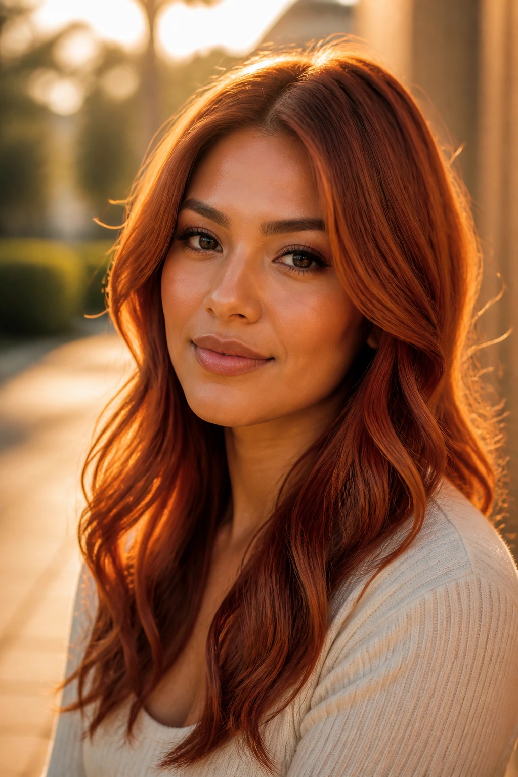 Close-up portrait of a person with copper penny hair in golden hour light