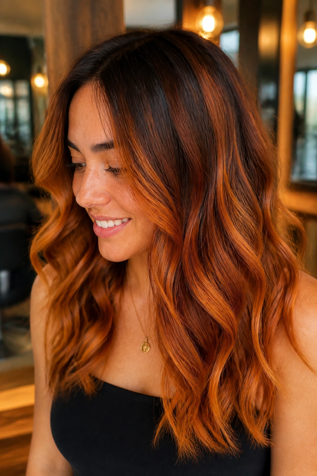 Close-up of a person showcasing copper pumpkin balayage with warm copper tones