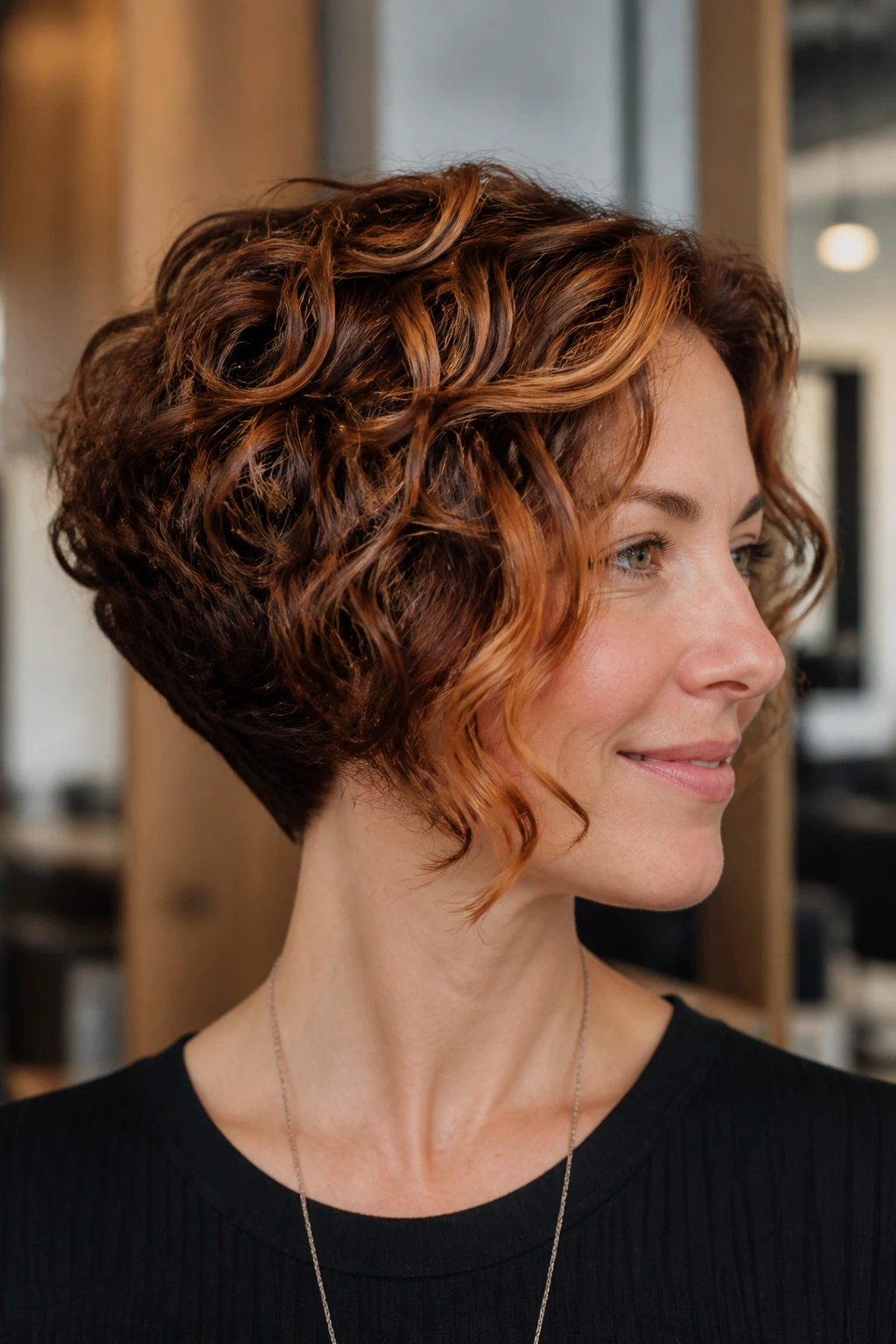Close-up of copper babylights in an inverted bob on a real person