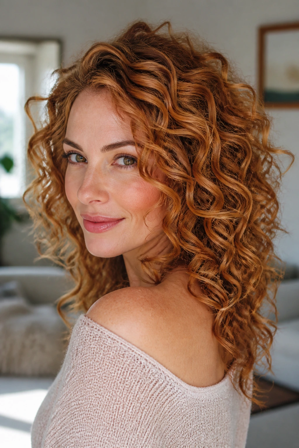Close-up of copper ribbon curls on a real person in a bright living room