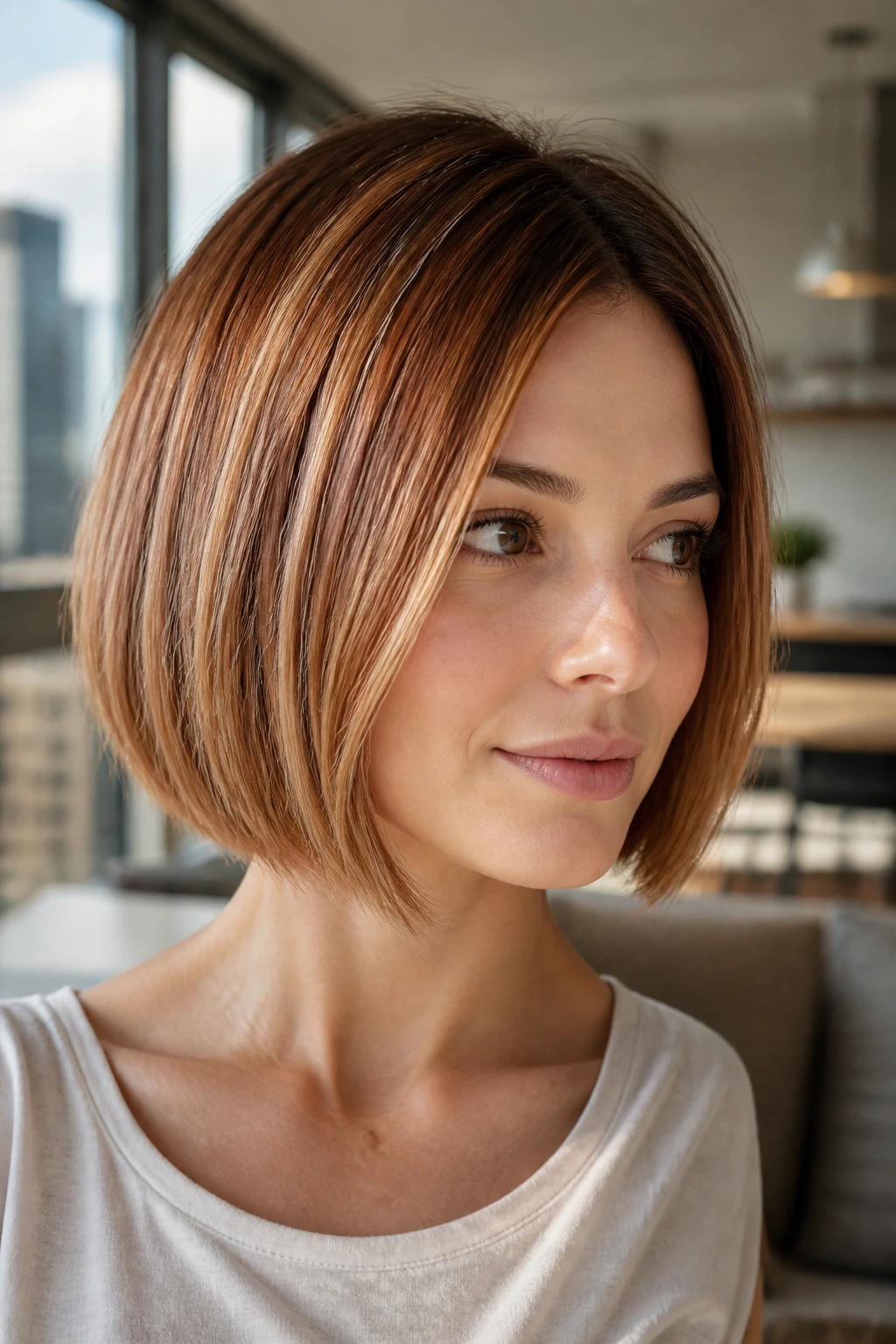 Real person with copper ribbon highlights on a bob.
