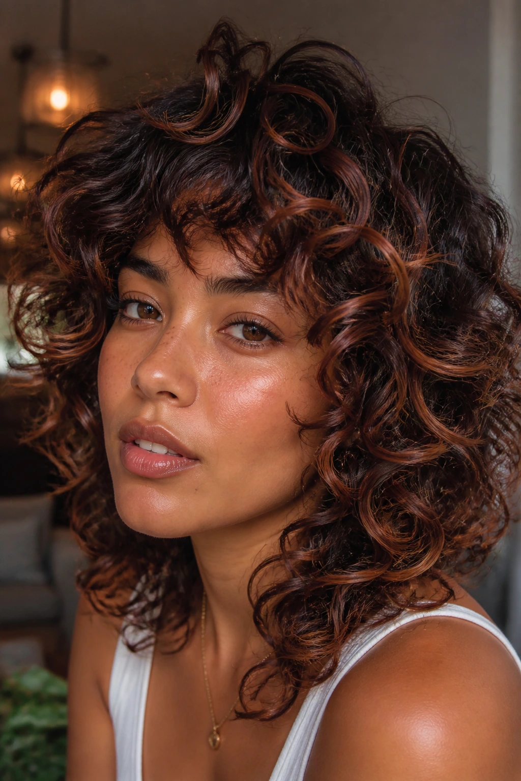 Close-up of a real woman with curly shag and copper ribbon highlights on tan skin