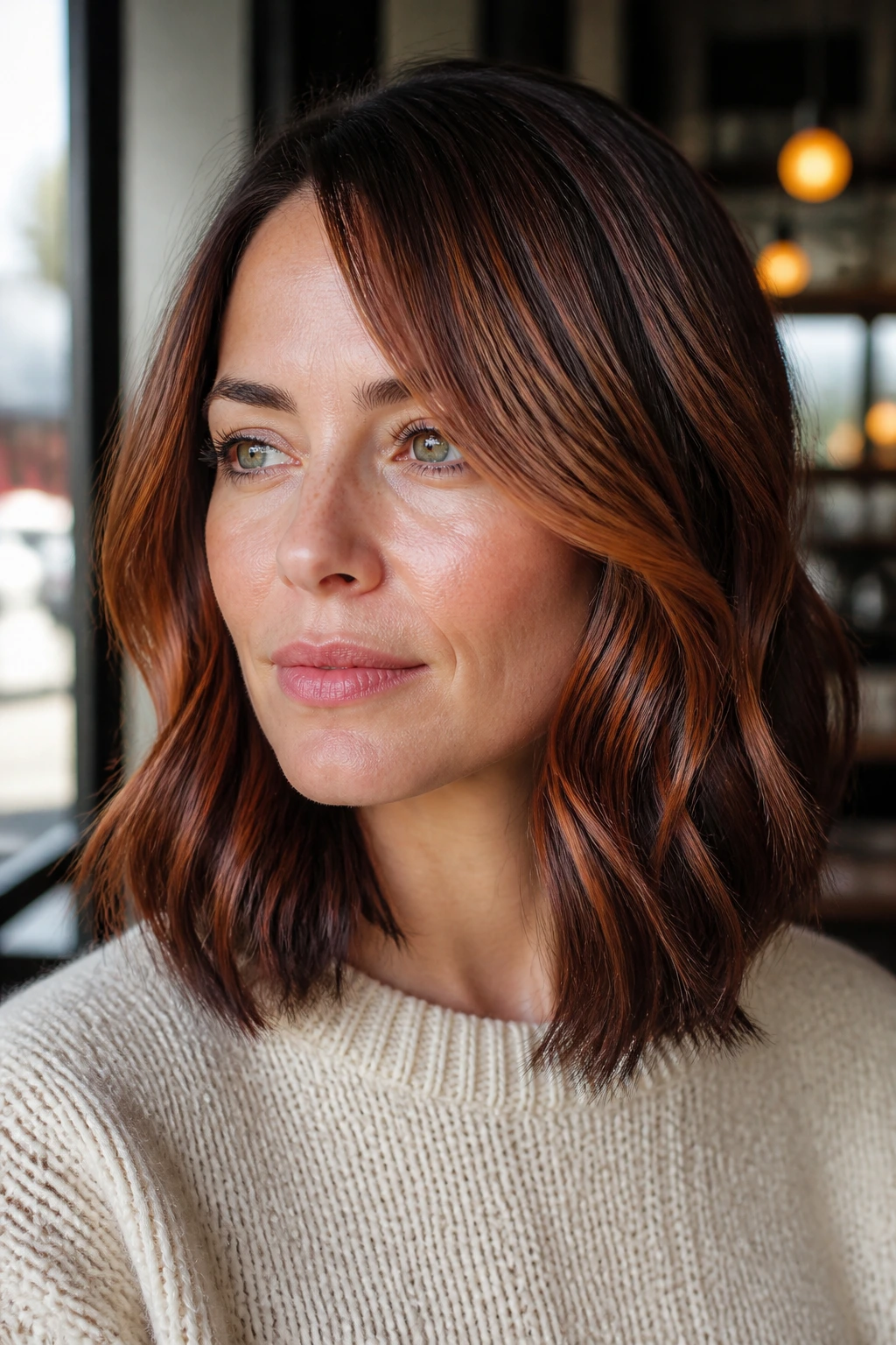 Portrait of a woman with copper ribbon lob and smoked ends
