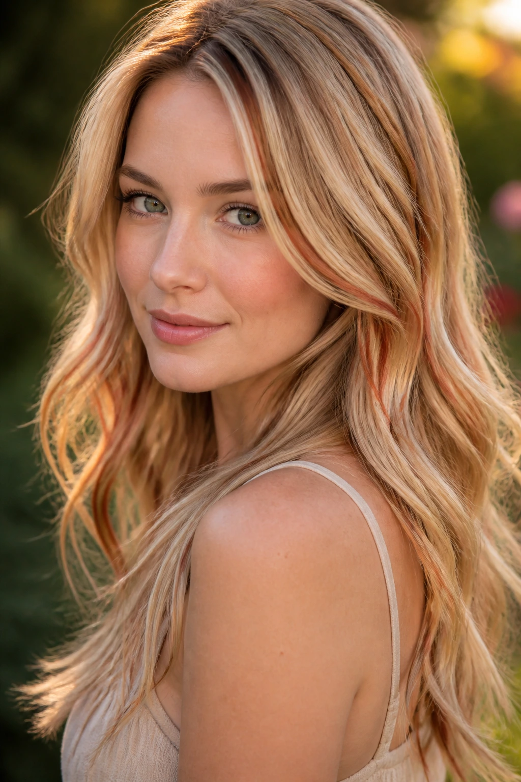Close-up of a real woman with copper ribbons woven through blonde hair in a garden light
