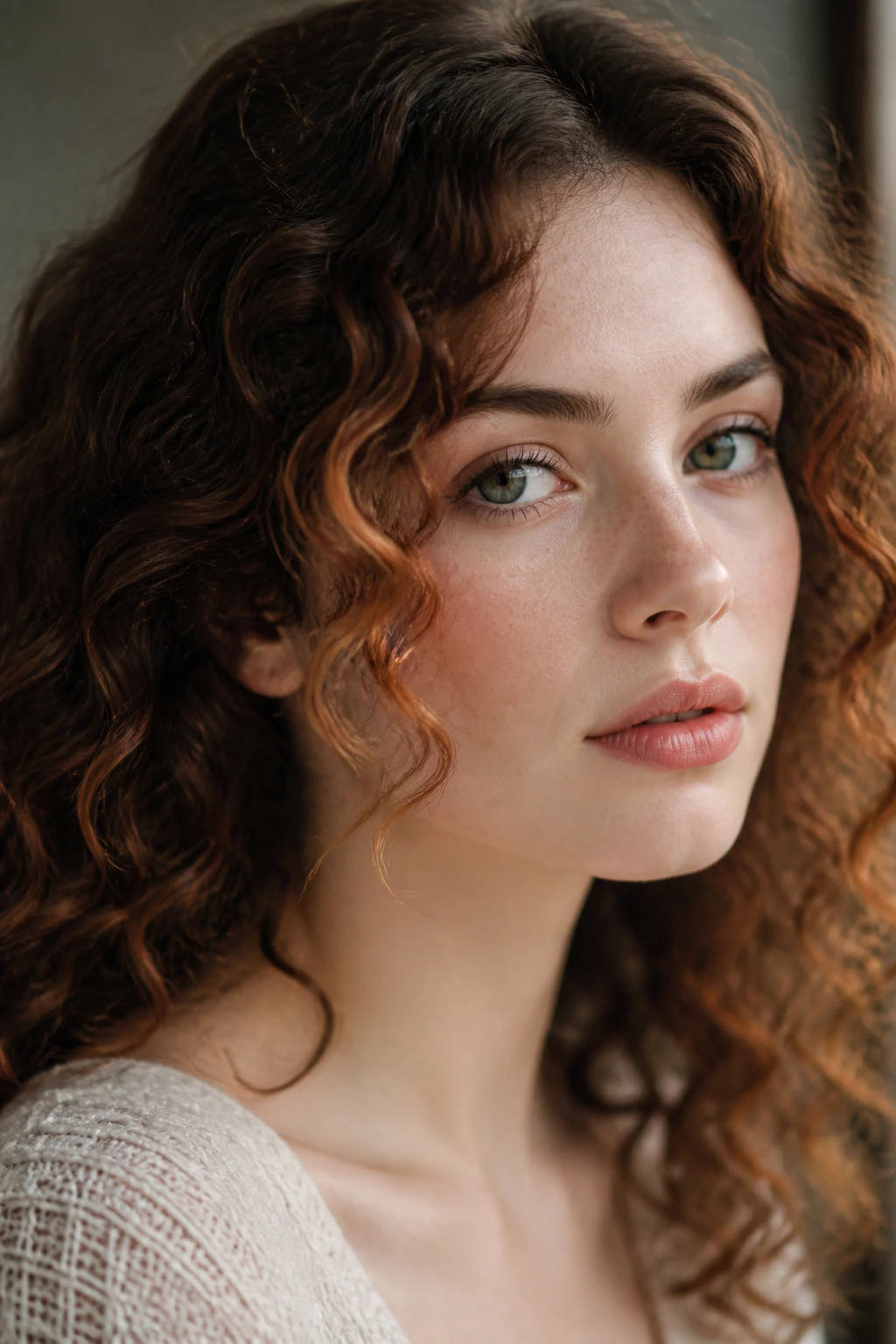 Close-up of copper hair ribbons at the cheekbone on a real person